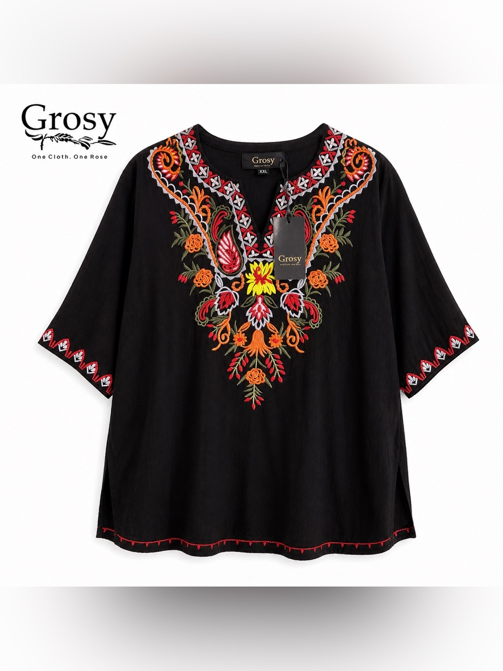Grosy Embroidered Boho Tunic Top Black Floral Short Sleeve Loose Fit